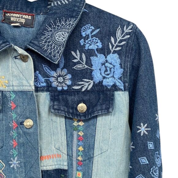 Johnny Was Floral Embroidered Denim Jacket Boho Patchwork Blue Jean Small - Picture 8 of 11